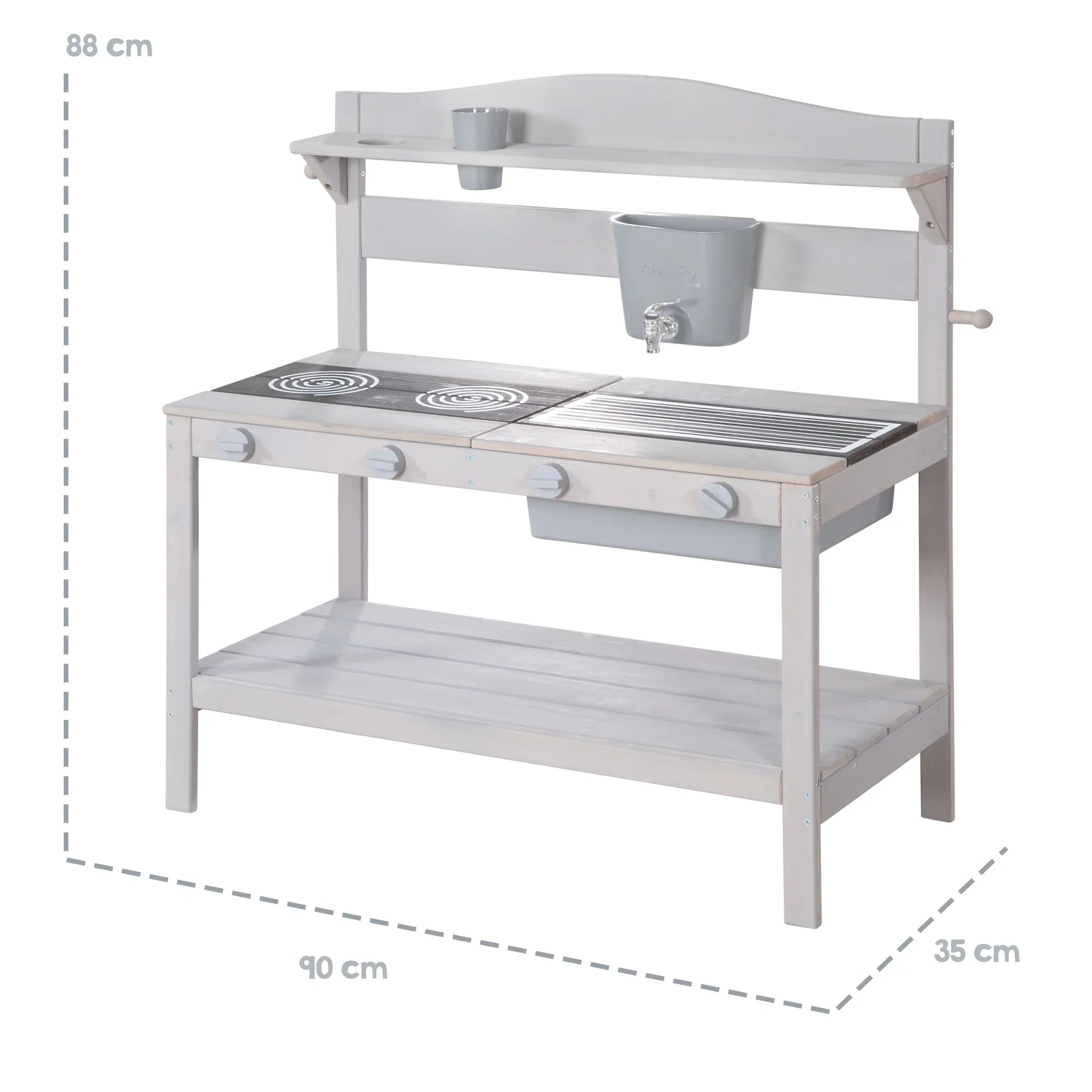 Cocina de barro para exteriores con accesorios - Madera certificada FSC - Acabado en gris grabado
