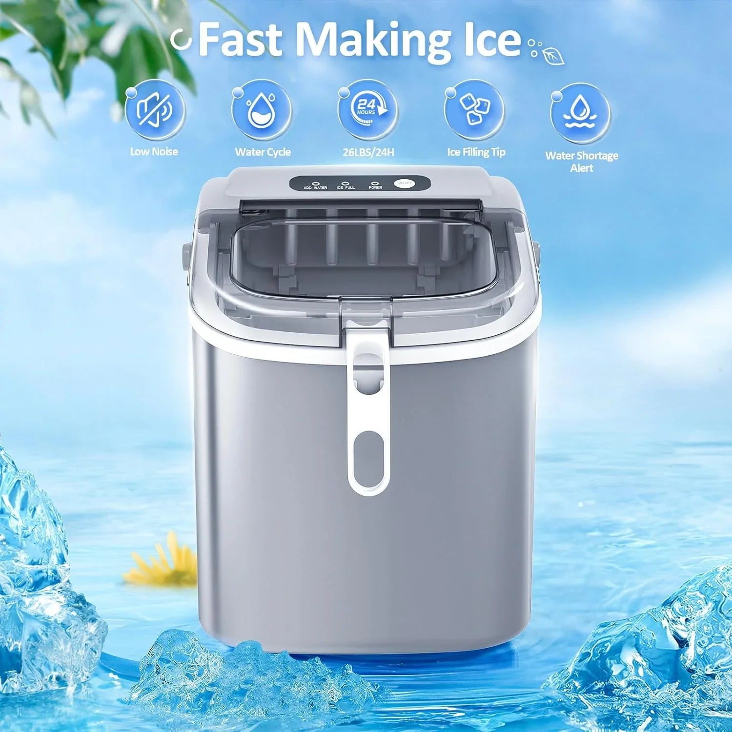 2025 Máquina de hielo tipo nugget para encimera, hielo en trozos masticables, 15 kg/24 h, autolimpiante, hielo sónico, operación con un solo botón, para cocina u oficina, acero inoxidable plateado