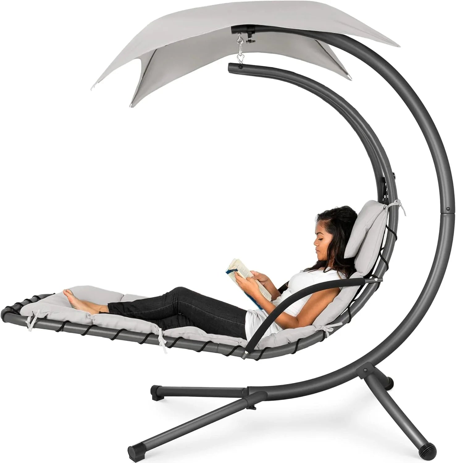 Chaise Longue Suspendue de Exterior Best Choice Products – Silla Balancín Curvada de Acero con Cojín Integrado y Toldo Desmontable – Gris Carbón