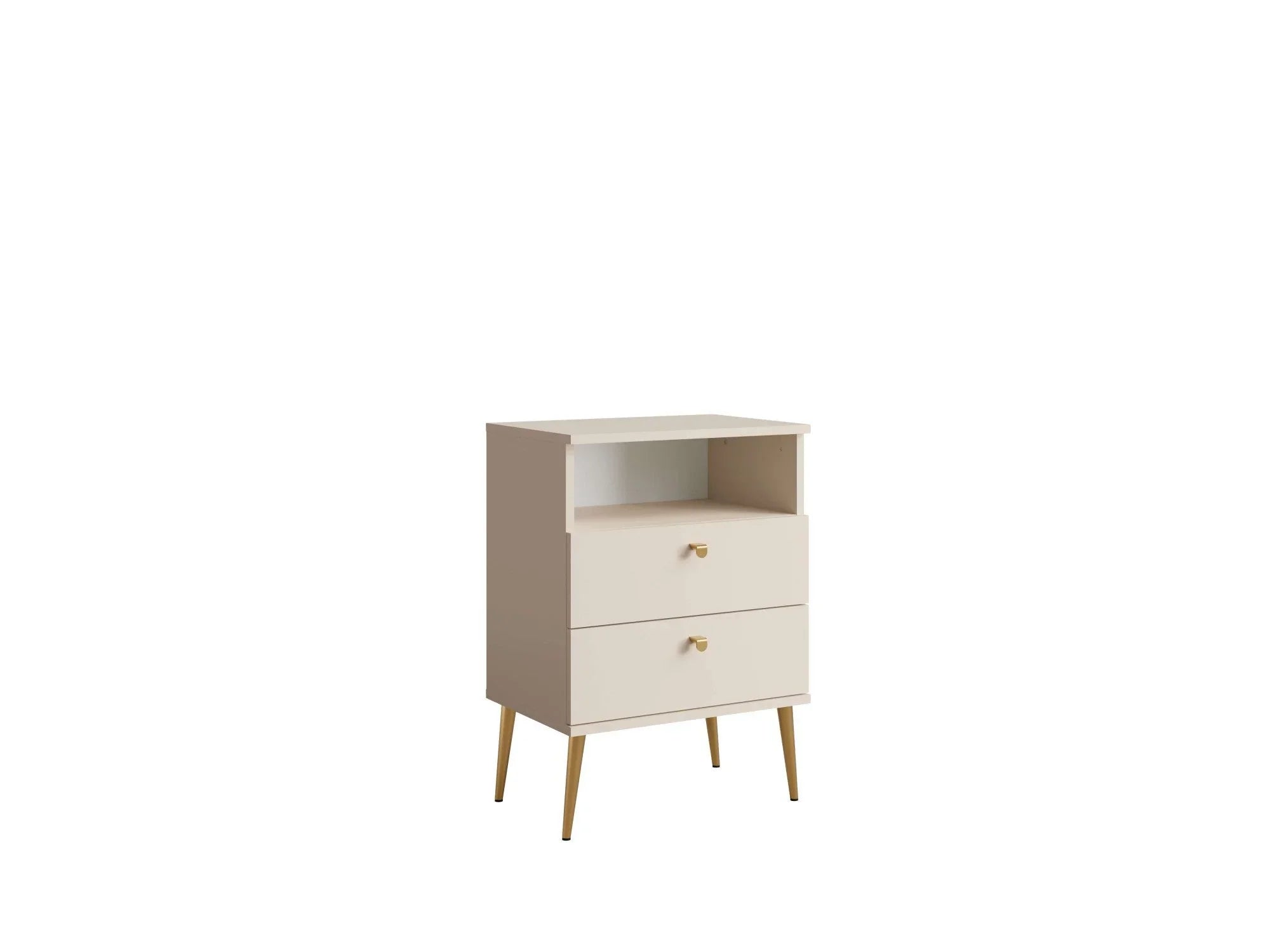 Mesita de noche Elyria con diseño elegante en beige, tiradores metálicos, 50 cm