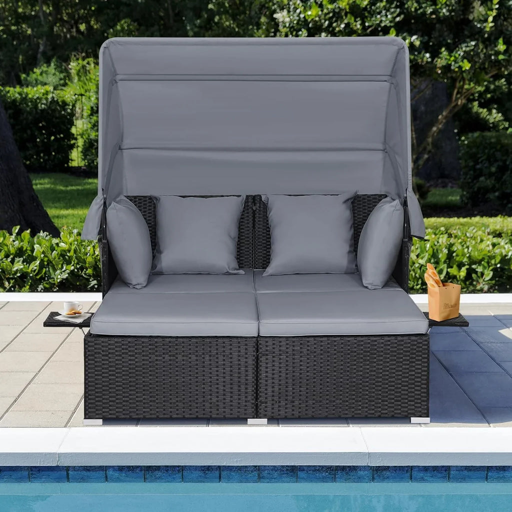 RELAX4LIFE Cama de Jardín Exterior con Dosel, Tumbona de Resina Trenzada con Cojines, 4 Almohadas y 2 Bandejas Laterales Retráctiles, Cama Lounge para 2 Personas para Piscina, Porche, Jardín, Cama de Exterior de Ratán (Turquesa)
