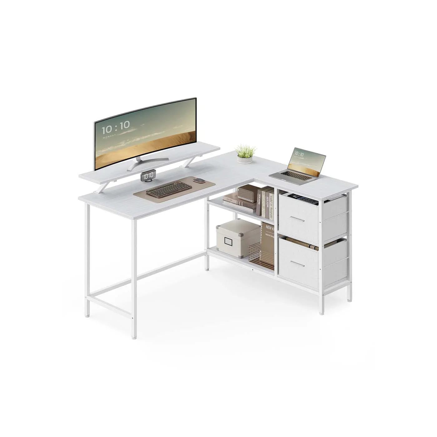 Escritorio en Forma de L con Amplios Cajones con Soporte para Monitor Estante