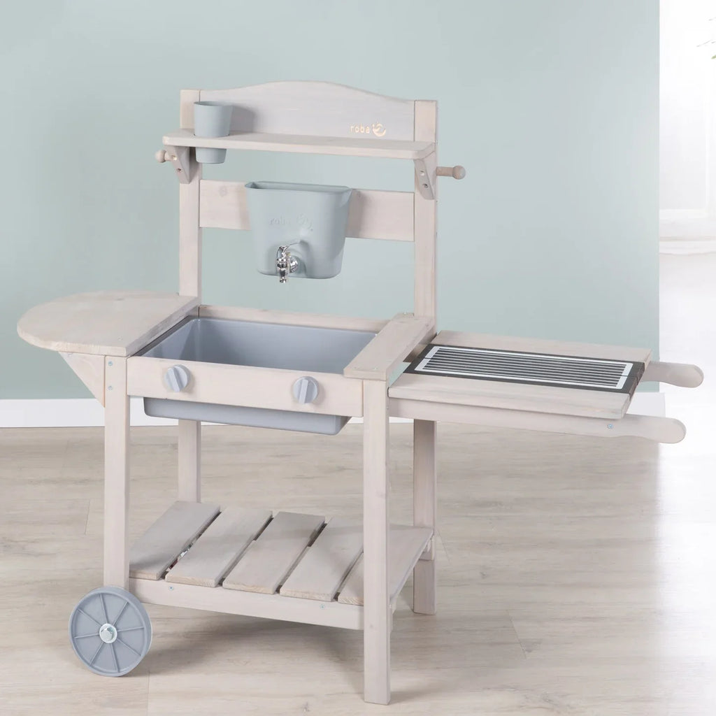 Cocina móvil de juego y barro BBQ para niños – Madera certificada FSC – Acabado en gris grabado