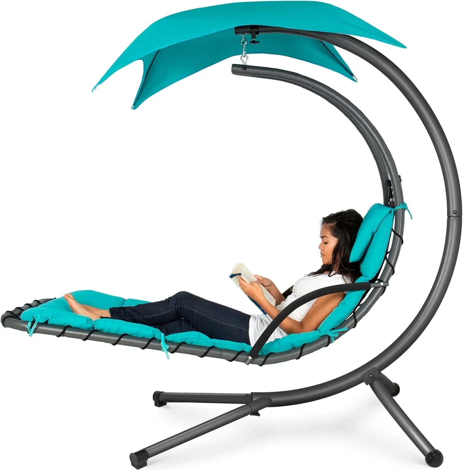 Chaise Longue Suspendue de Exterior Best Choice Products – Silla Balancín Curvada de Acero con Cojín Integrado y Toldo Desmontable – Gris Carbón