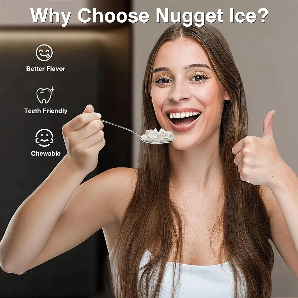 2025 Máquina de hielo tipo nugget para encimera, hielo en trozos masticables, 15 kg/24 h, autolimpiante, hielo sónico, operación con un solo botón, para cocina u oficina, acero inoxidable plateado