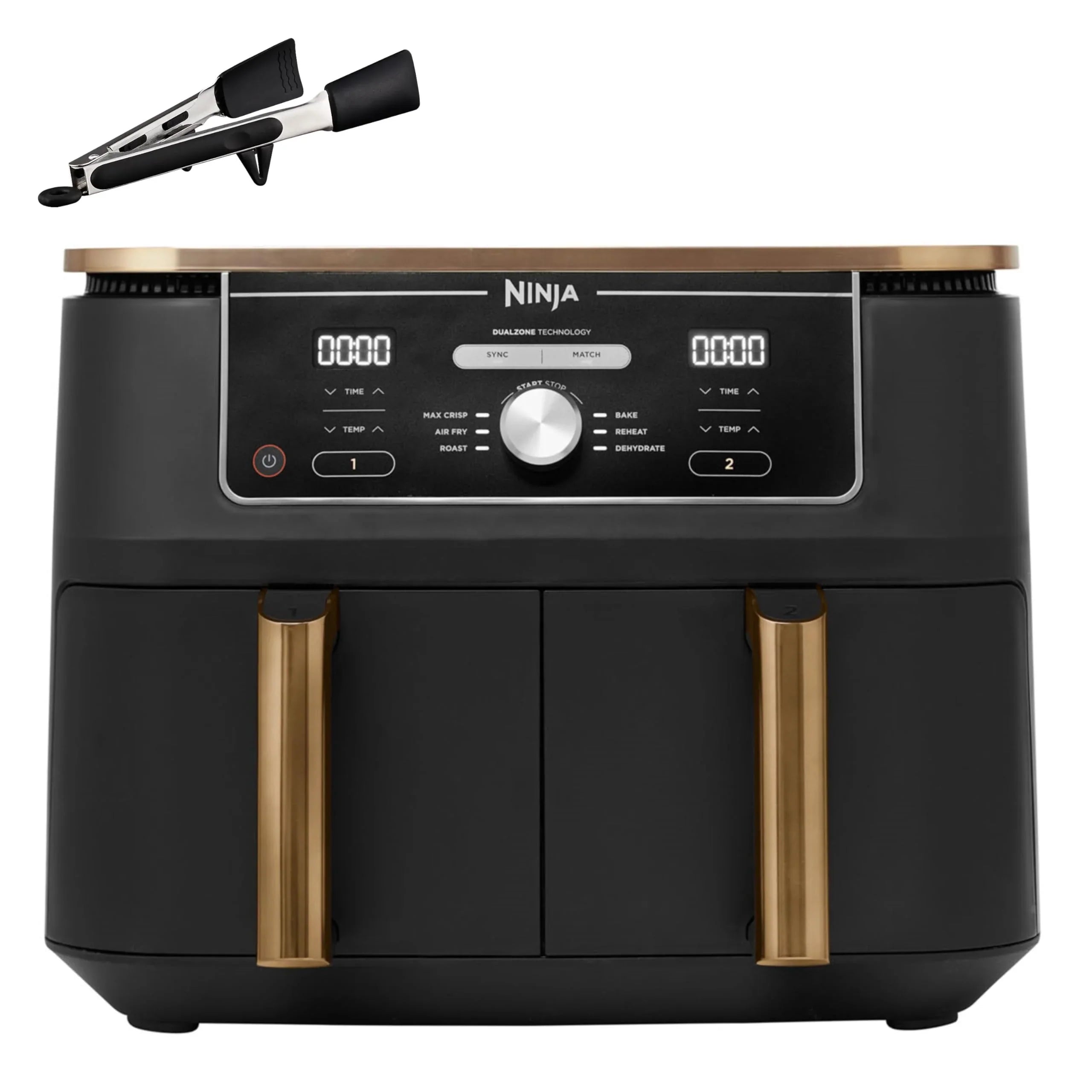 2025 Ninja Foodi MAX Freidora de Aire Doble Zona, 9,5 L, 2 Compartimentos, con Pinza, Recubrimiento Antiadherente, Cestas Aptas para Lavavajillas, 6 en 1, Exclusividad Amazon, Cobre/Negro AF400EUCP