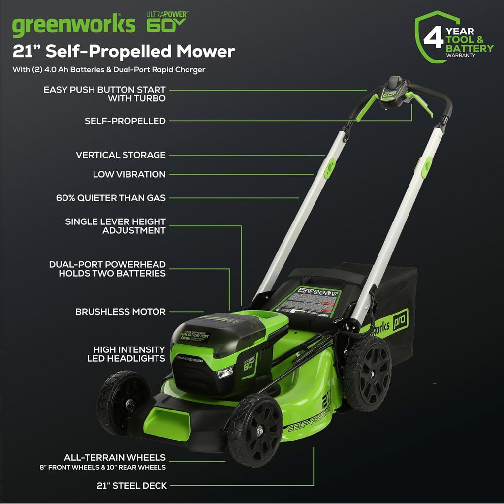 2025 Cortacésped autopropulsado inalámbrico 60V 21” con 2 baterías de 4,0Ah y cargador rápido de doble puerto – Greenworks