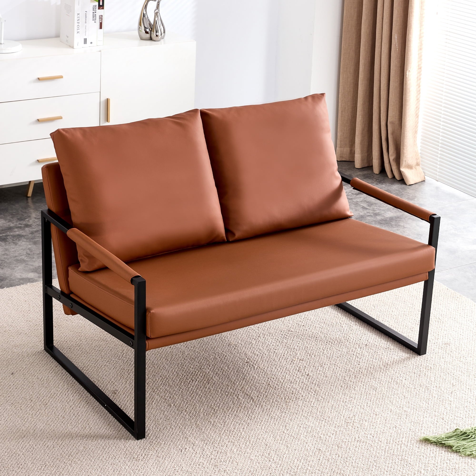 2025 Wasait canapé deux places moderne avec 2 coussins – cuir PU, mousse haute densité, cadre métallique noir. Couleur marron SF-D008
