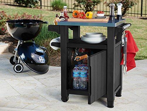 Keter Unity Mesa Portátil para Exterior y Gabinete de Almacenamiento con Ganchos para Accesorios de Parrilla - Superficie de Acero Inoxidable para Isla de Cocina o Carro de Bar en Patio, Gris Oscuro
