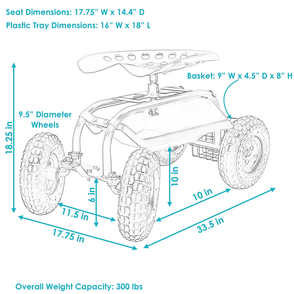 2025 Carrito de Jardín Rodante Sunnydaze con Asiento de Trabajo y Manillar de Dirección