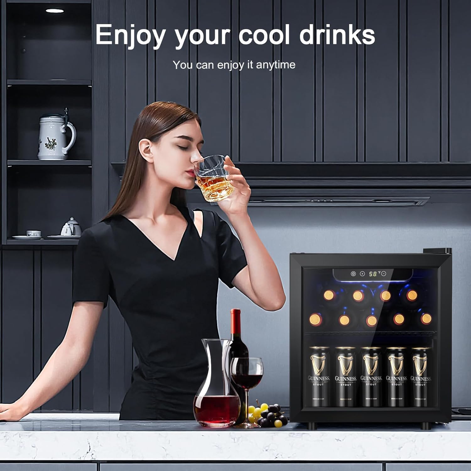 Antarctic Star Enfriador de Vino para 36 Botellas / Refrigerador de Bebidas, Mini Bodega, Refrigerador para Cerveza y Refrescos, Operación Silenciosa con Compresor, Temperatura Ajustable, Independiente, Color Negro, 4.4 pies cúbicos