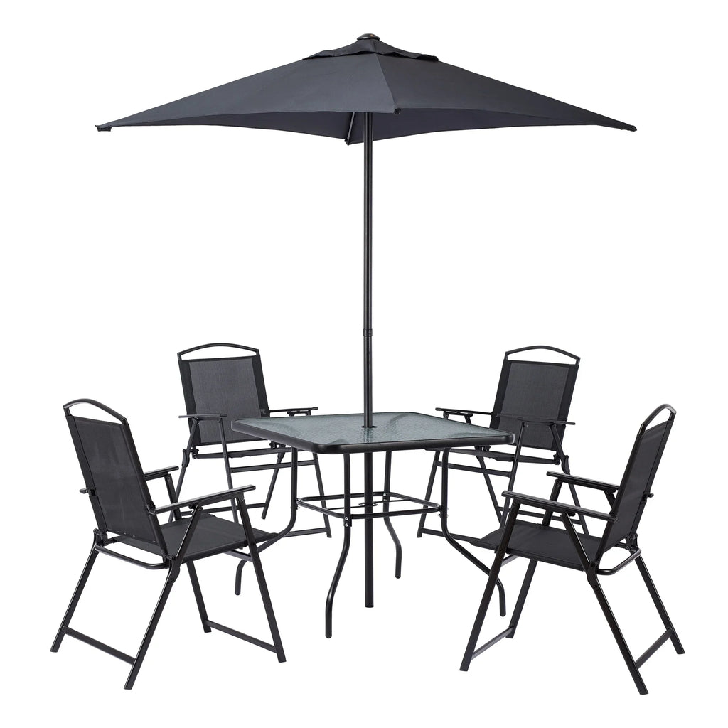 2025 Juego de comedor exterior Mainstays Albany Lane de 6 piezas con sombrilla, acero, rojo