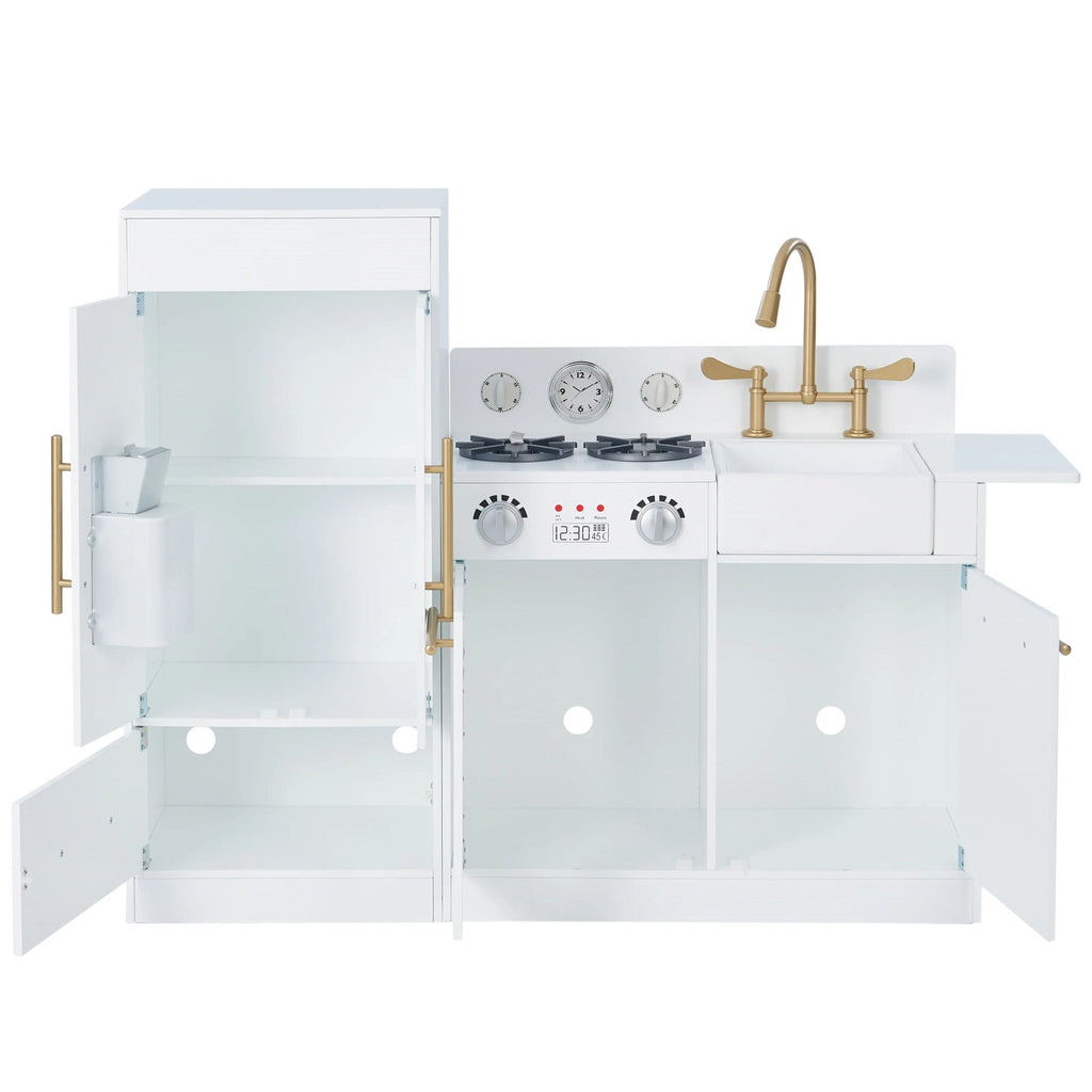 2025 Cocina Moderna para Niños Teamson Little Chef Charlotte con Refrigerador Independiente, Unidad de Cocina Separada y Características Interactivas, Blanca/Dorada