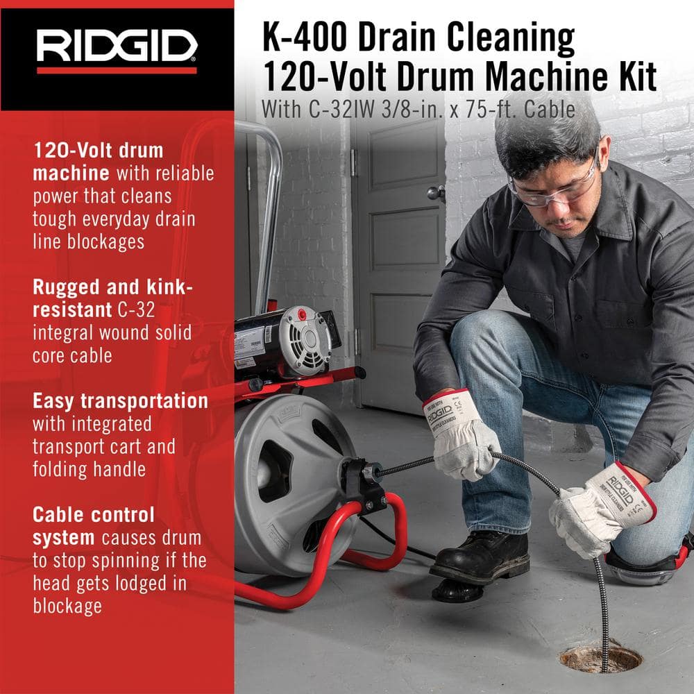 2025 K-400 Máquina de Limpieza de Drenajes 120V con Cable C-32IW de 3/8 in. x 75 ft., Set de 4 Herramientas y Guantes 52363