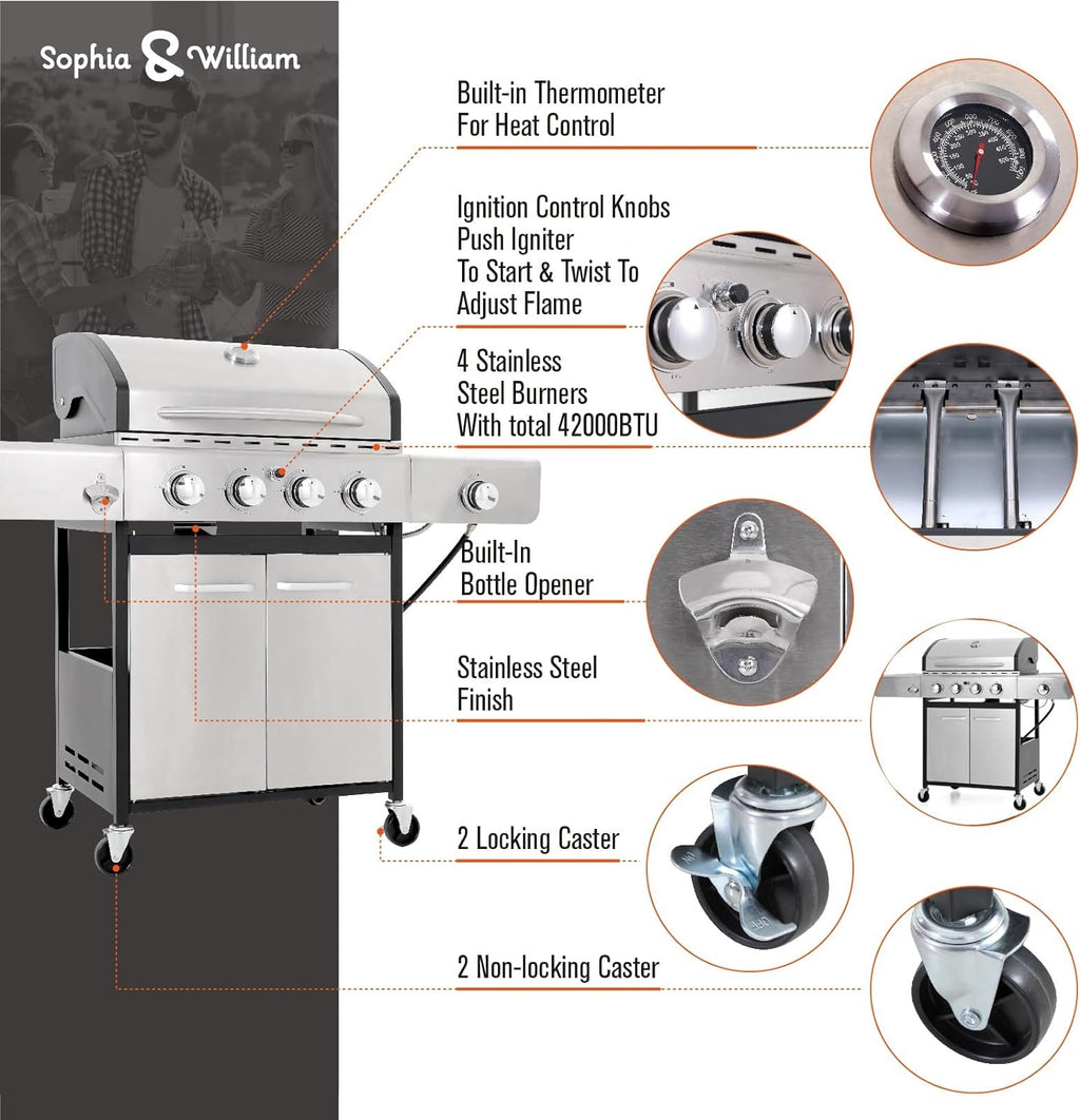2025 Parrilla a Gas con Quemador Lateral y Parrilla de Hierro Fundido Esmalte Porcelánico 42,000 BTU, Parrilla Portátil de Acero Inoxidable, Propano