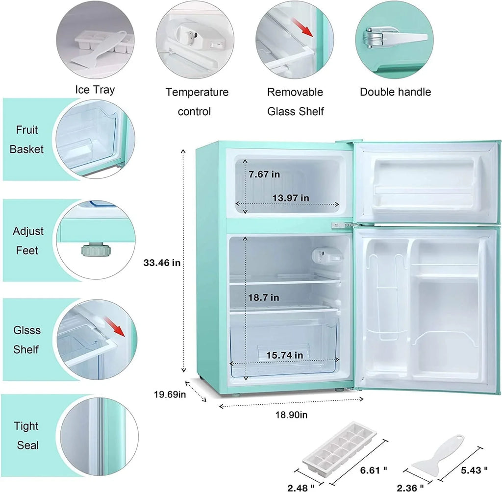 2025 Refrigerador compacto Antarctic Star con congelador separado, mini nevera de doble puerta, estantes ajustables y desmontables, estilo retro de acero inoxidable, para sala/cocina/dormitorio/oficina, 3,2 pies³, verde