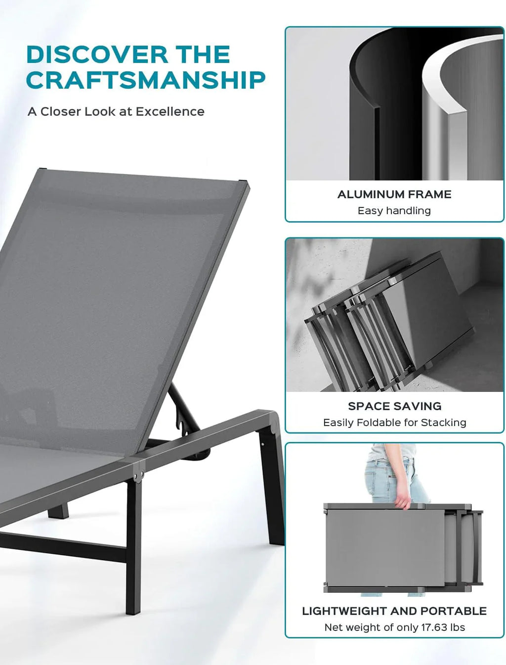 Tumbona de Aluminio para Exterior – Silla de Jardín Plegable sin Montaje, con Respaldo Ajustable en 5 Posiciones, para Terraza, Piscina, Playa – Negra