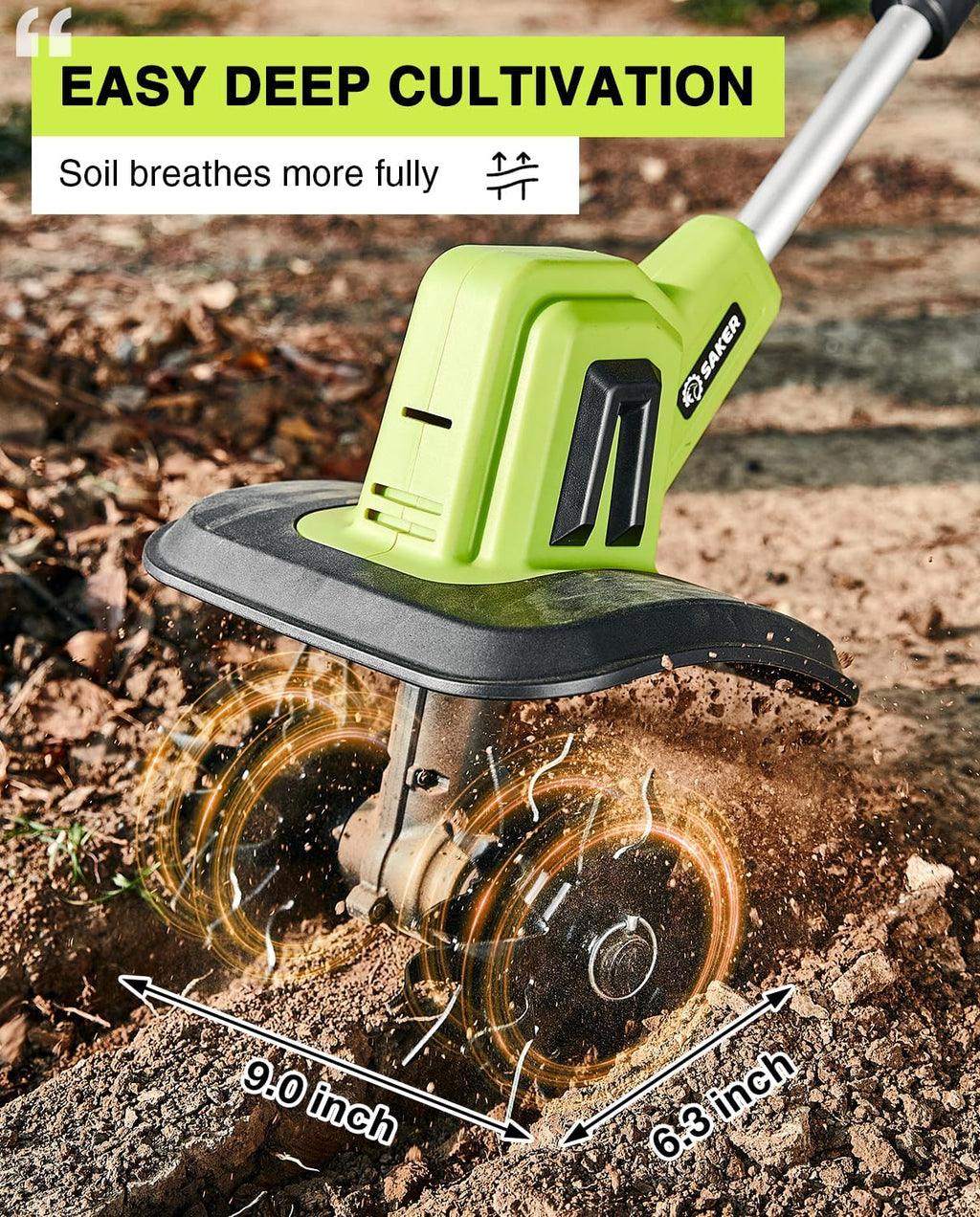 Motobineuse Électrique Sans Fil Saker 22V, Motoculteur Léger pour Jardinage, Largeur de Labour 9 pouces, Profondeur 6,3 pouces pour Préparation du Sol, Désherbage et Jardinage, avec 2 Batteries SK-TC18B