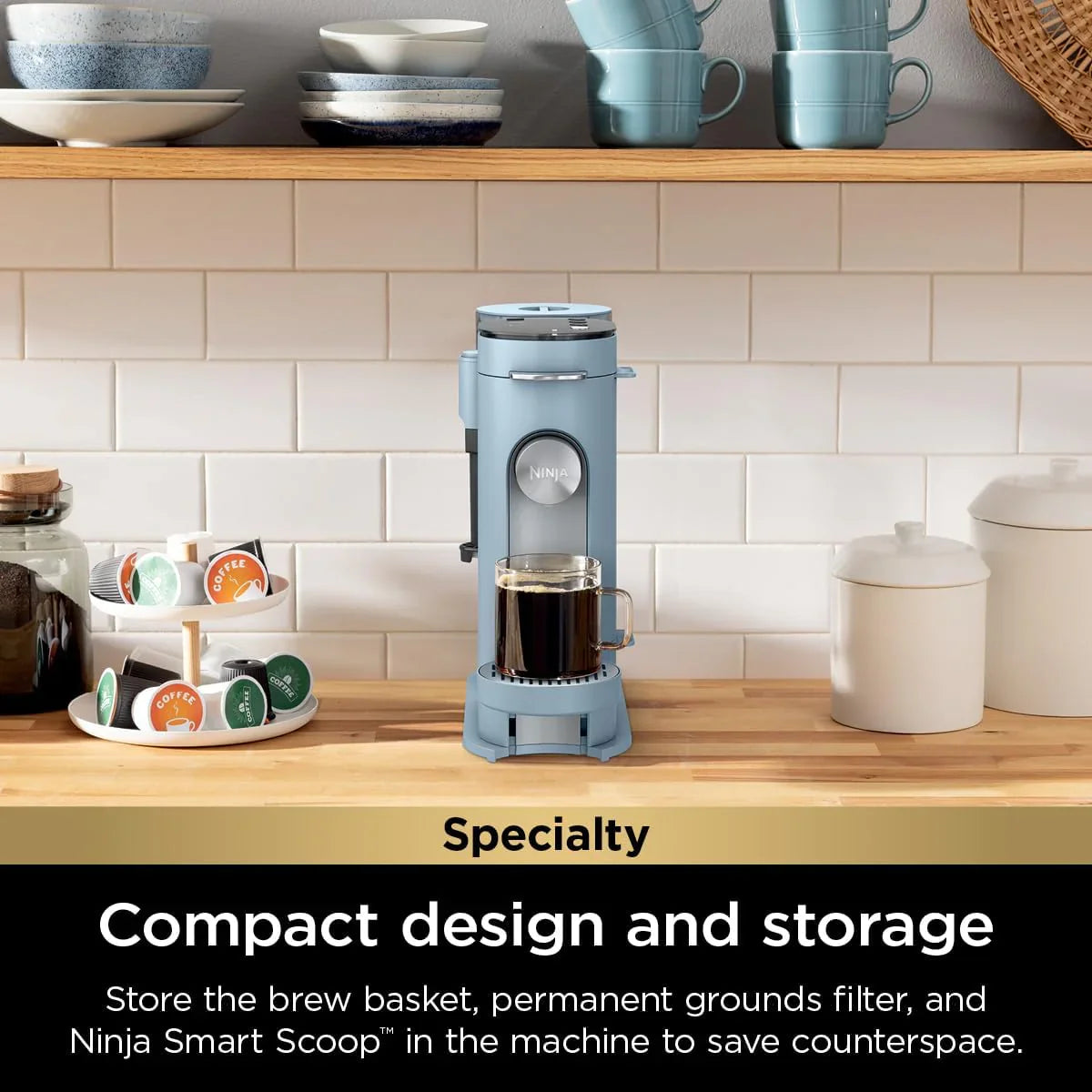 2025 Cafetera de porción individual Ninja Pods & Grounds, compatible con K-Cup, prepara café molido o cápsulas, diseño compacto, depósito de 56 oz, tamaños de taza de 6 oz a 24 oz para viaje, café frío, color piedra, modelo PB041ST