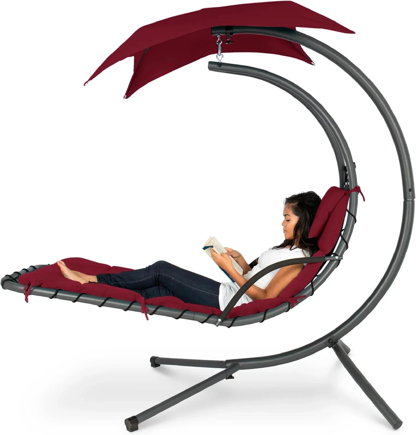 Chaise Longue Suspendue de Exterior Best Choice Products – Silla Balancín Curvada de Acero con Cojín Integrado y Toldo Desmontable – Gris Carbón