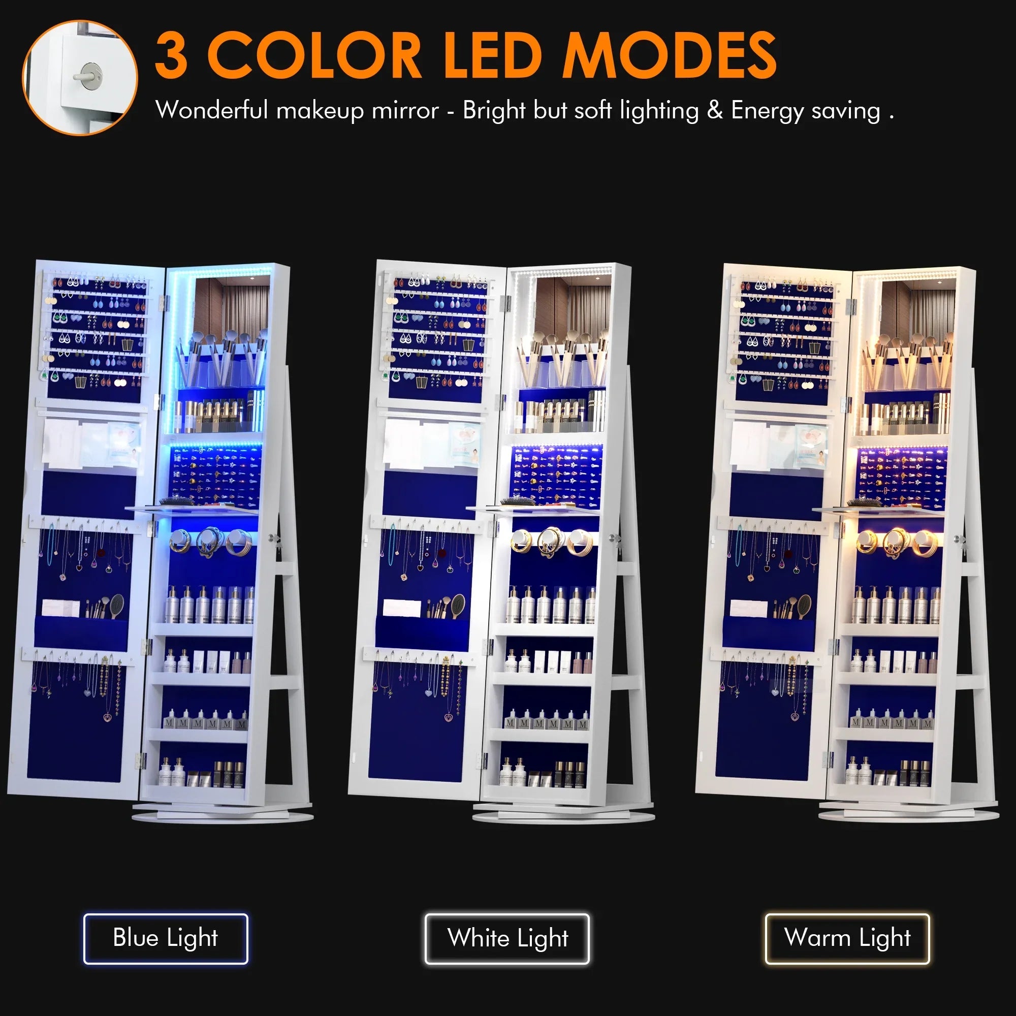 Joyero giratorio LVSOMT con luz LED y espejo de cuerpo entero: almacenamiento elegante de 360°