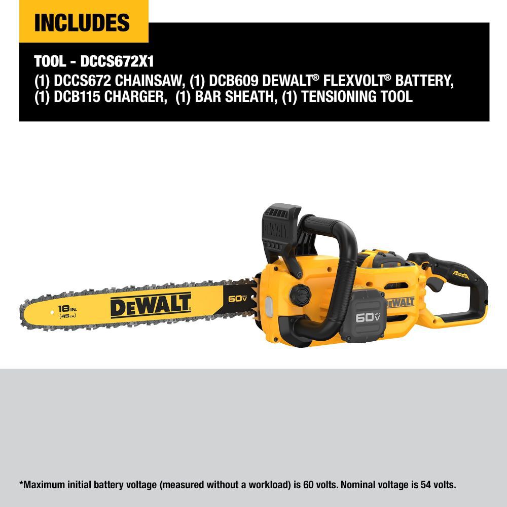 Motosierra inalámbrica DEWALT 60V MAX, barra de 18", motor sin escobillas, batería incluida