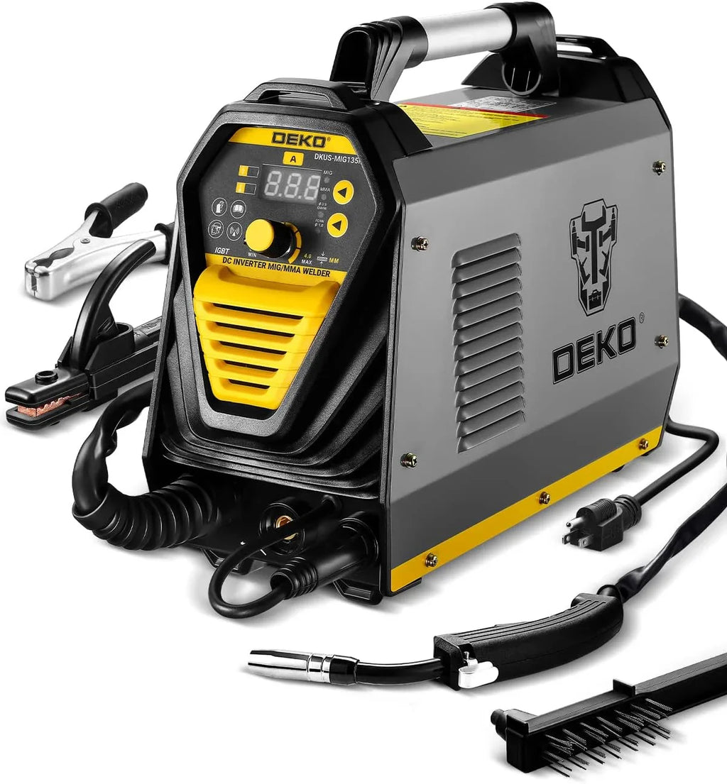 2025 Soldadora MIG/MMA DEKO de 135 amperios y 110 V, 3 en 1, sin gas, con electrodos y gas, con tecnología inversora IGBT de CC