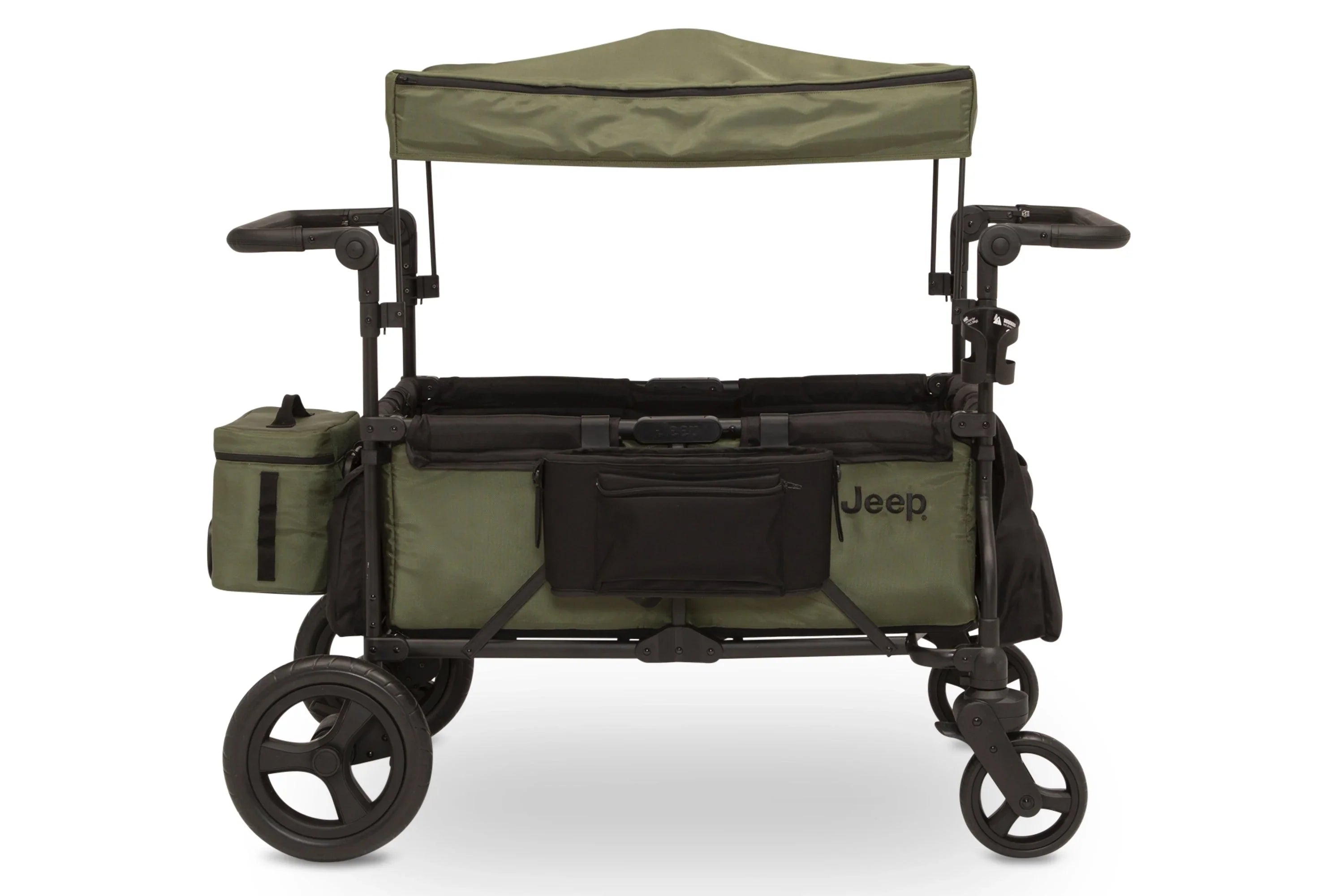 Carrito-Paseador Jeep Wrangler Deluxe – 2 Asientos con Arnés de 5 Puntos, Bolsa Térmica, Capota Anti-UV, Amplio Almacenamiento, Ruedas Todo Terreno Antipinchazos, Manillares Ajustables