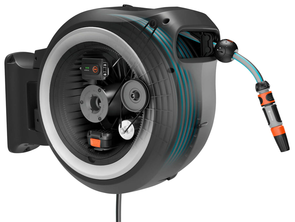 2025 Caja de Pared con Batería Gardena PowerRoll XL Lista para Usar: Enrollador Automático con Manguera de Jardín de 35 m, Guía de Manguera y RollControll, Kit Completo con Batería (18642-20)