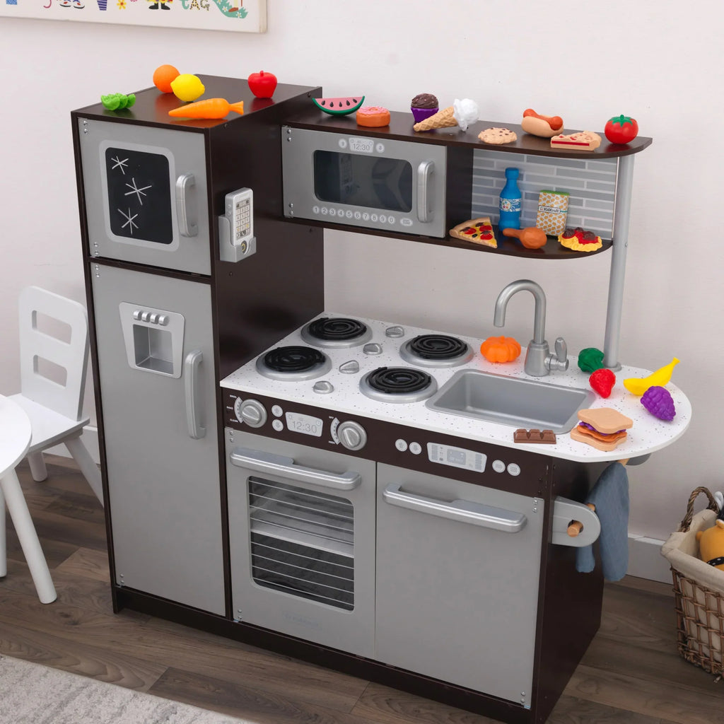 2025 Cocina de madera KidKraft Uptown Espresso con 30 accesorios de alimentos lúdicos