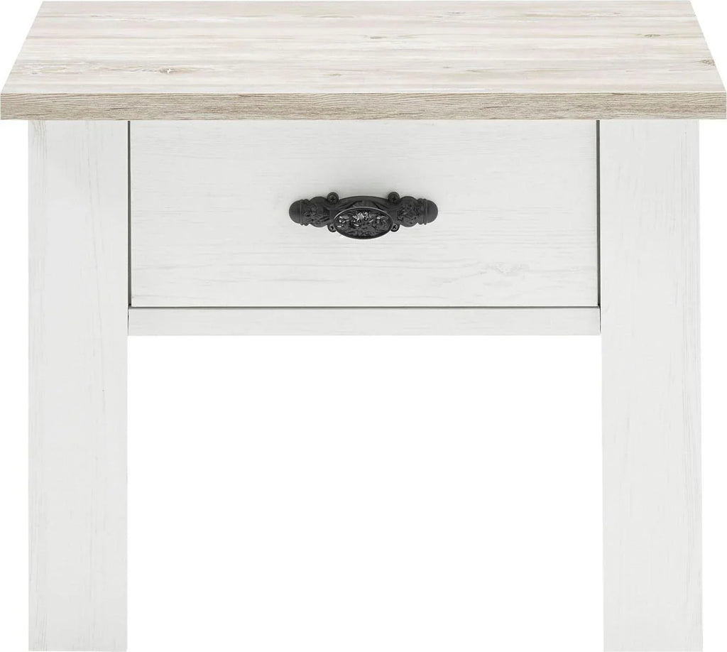 Mesita de noche Florenz blanca con aspecto de madera, 1 cajón, 58 cm de ancho