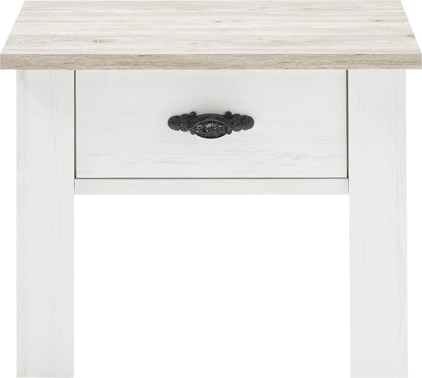 Mesita de noche Florenz blanca con aspecto de madera, 1 cajón, 58 cm de ancho