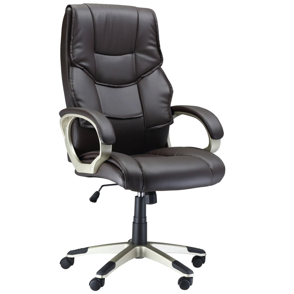 Silla de Oficina con Respaldo Alto, Sillón Giratorio de Cuero Sintético con Altura Ajustable, Marrón