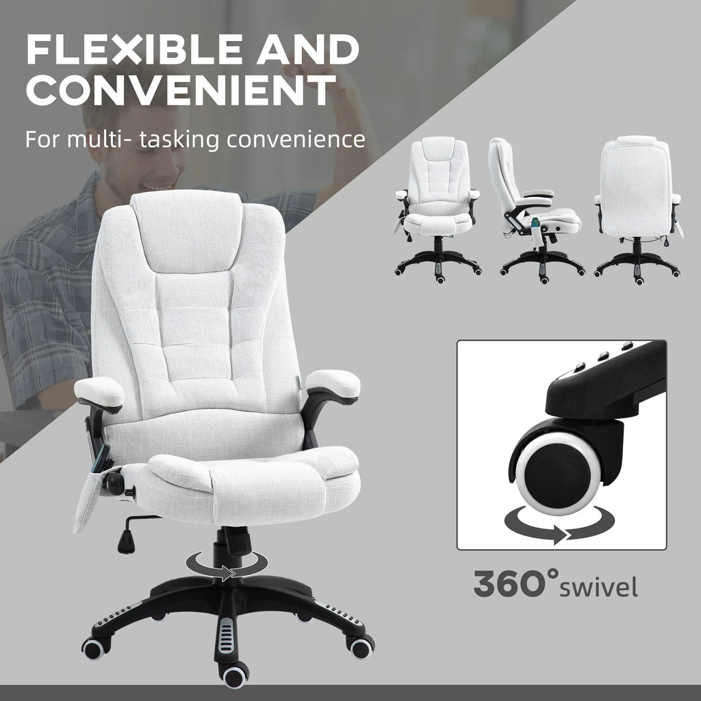 Silla de Oficina Ergonómica con Masaje de 6 Puntos y Calefacción en la Espalda, Tela Tipo Lino, Blanco Crema
