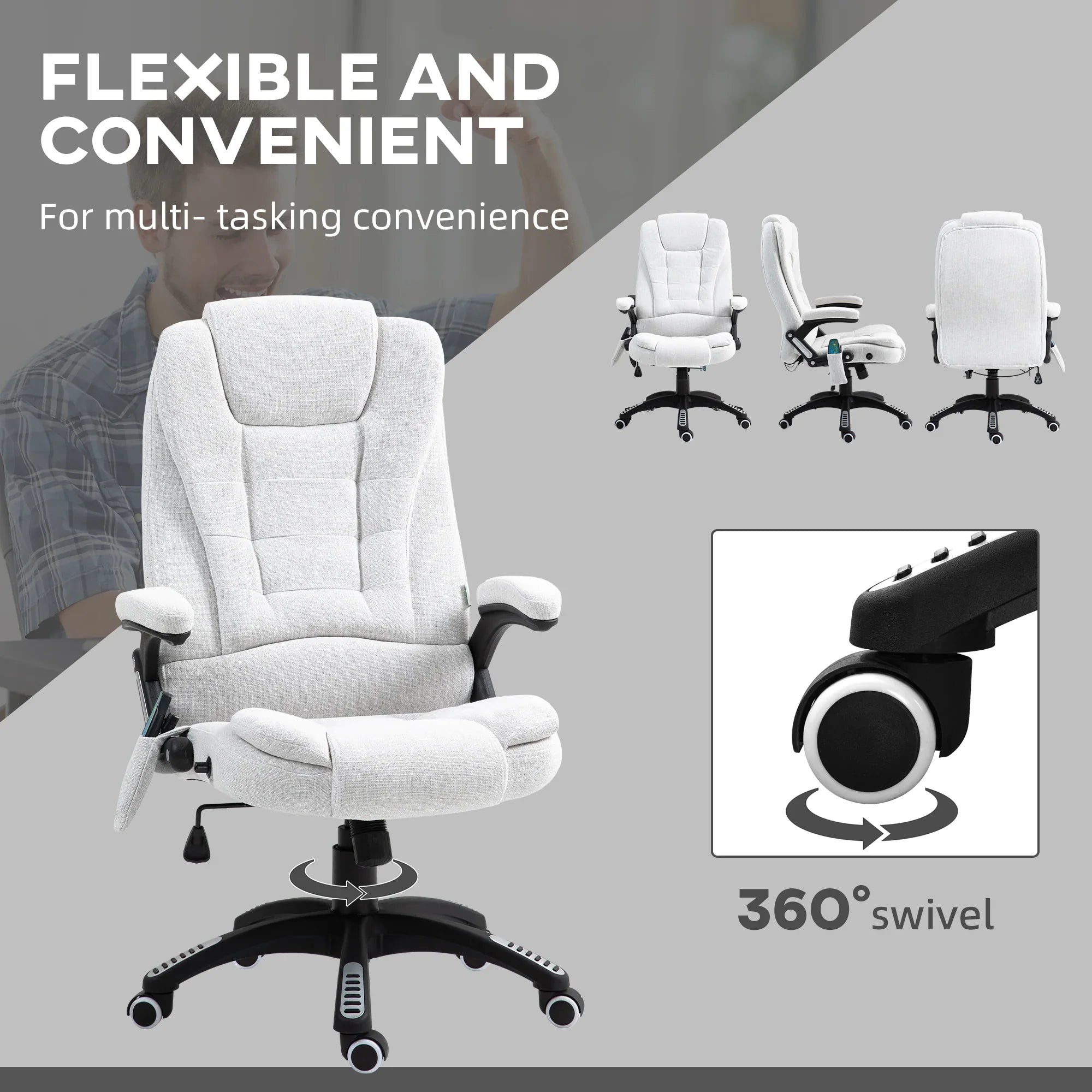 Silla de Oficina Ergonómica con Masaje de 6 Puntos y Calefacción en la Espalda, Tela Tipo Lino, Blanco Crema