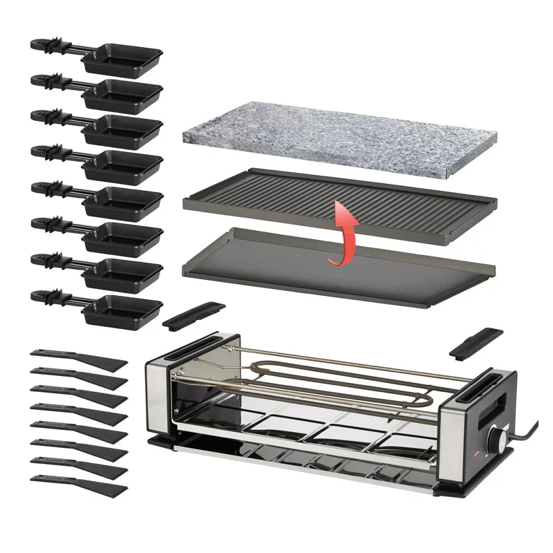 2025 Raclette Delice Basic – Parrilla de mesa para 8 personas con placa antiadherente y sartenes, termostato ajustable continuamente