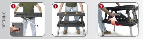 Keter – Mesa de Trabajo Plegable para Banco de Sierra de Ingletes, Herramientas y Accesorios de Carpintería con Abrazaderas de Madera de 12 Pulgadas Incluidas – Almacenamiento Fácil para el Garaje, Negro/Amarillo