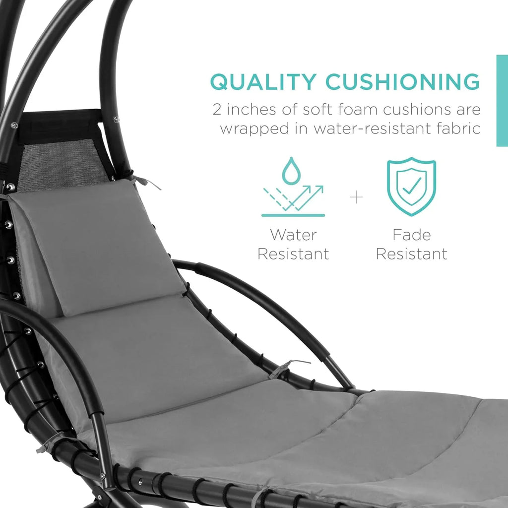 Chaise Longue Suspendue de Exterior Best Choice Products – Silla Balancín Curvada de Acero con Cojín Integrado y Toldo Desmontable – Gris Carbón