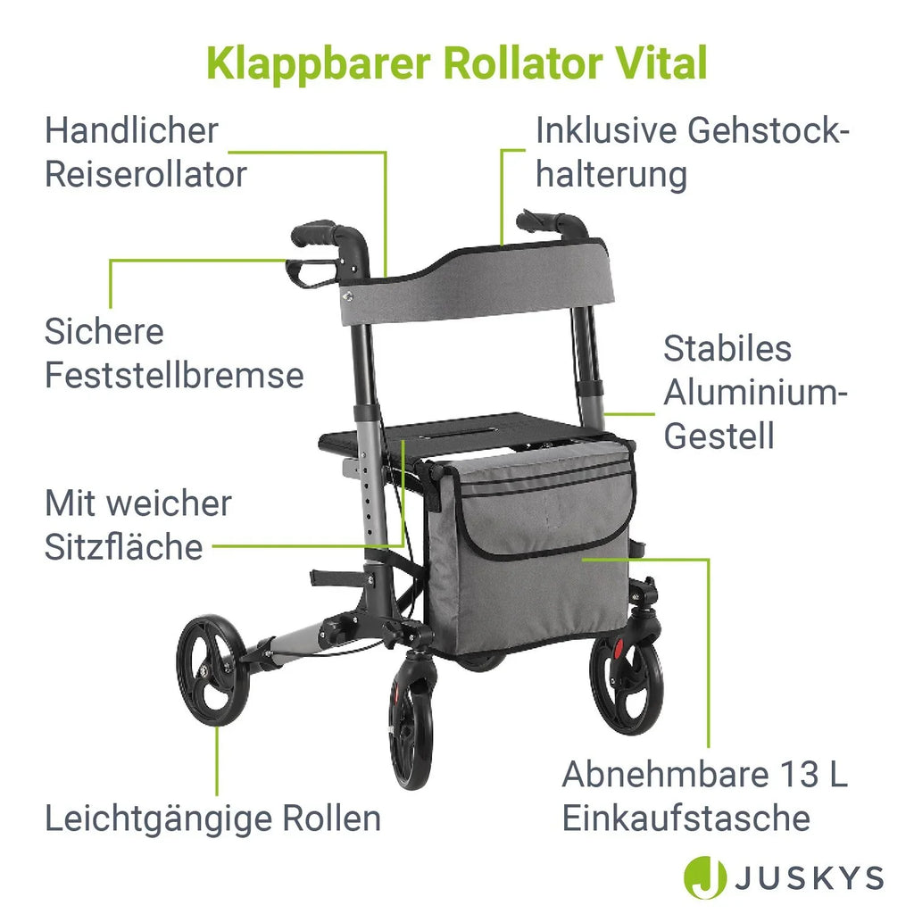 2025 Andador de aluminio Vital con asiento – Ligero, plegable y seguro
