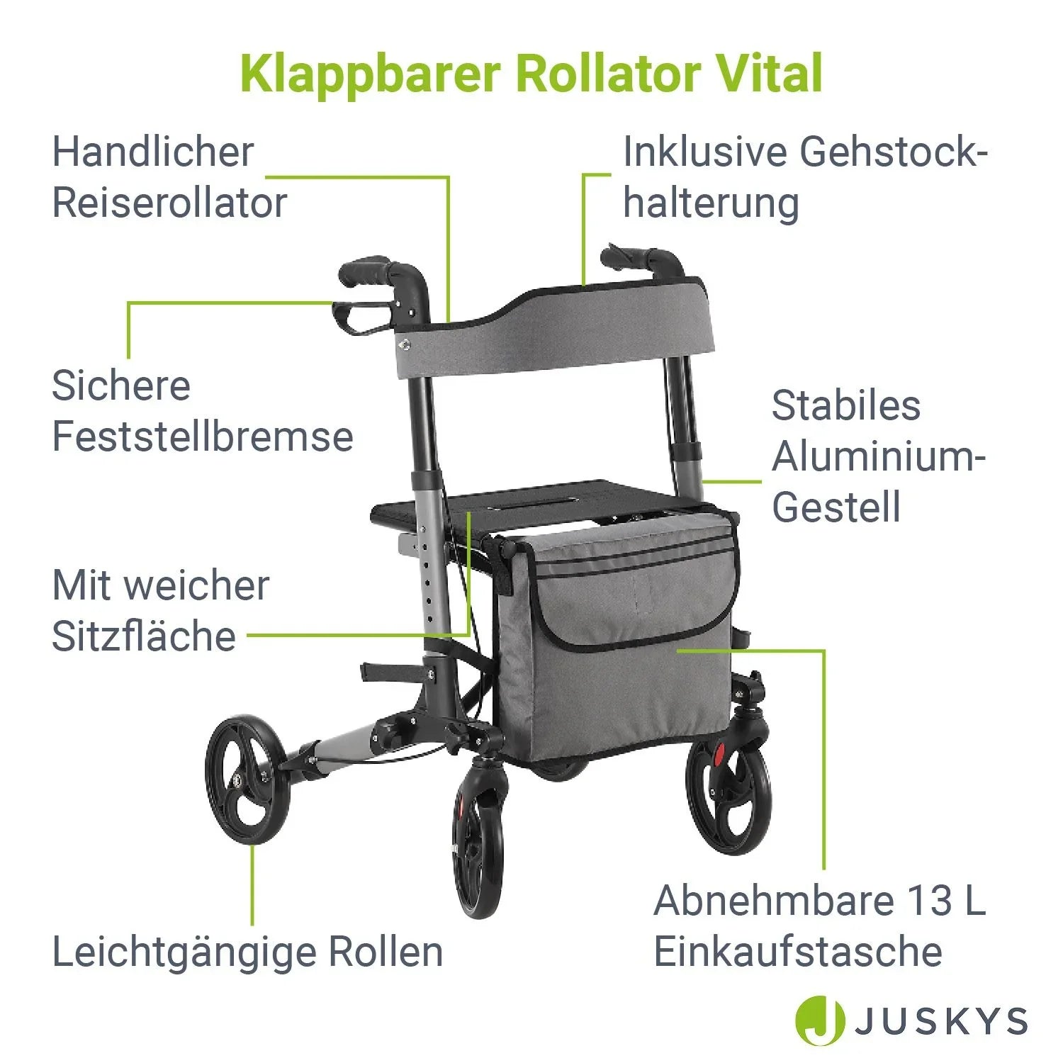 2025 Andador de aluminio Vital con asiento – Ligero, plegable y seguro