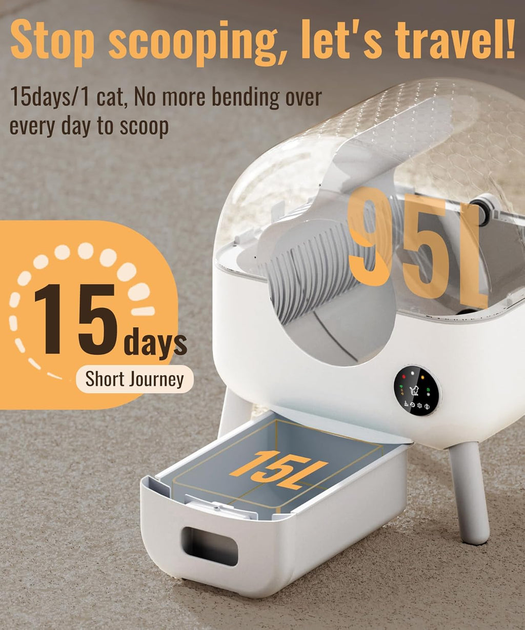 2025 Caja de Arena Autolimpiante - 110L Caja Automática para Gatos, Compatible con Todo Tipo de Arena, con 1 Rollo de Bolsas de Basura y Alfombrilla, Control por App, Color Gris Grande