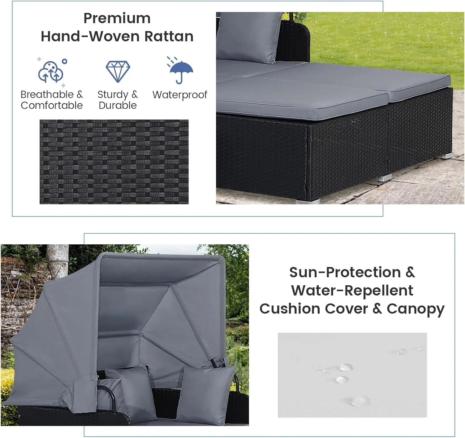 RELAX4LIFE Cama de Jardín Exterior con Dosel, Tumbona de Resina Trenzada con Cojines, 4 Almohadas y 2 Bandejas Laterales Retráctiles, Cama Lounge para 2 Personas para Piscina, Porche, Jardín, Cama de Exterior de Ratán (Turquesa)