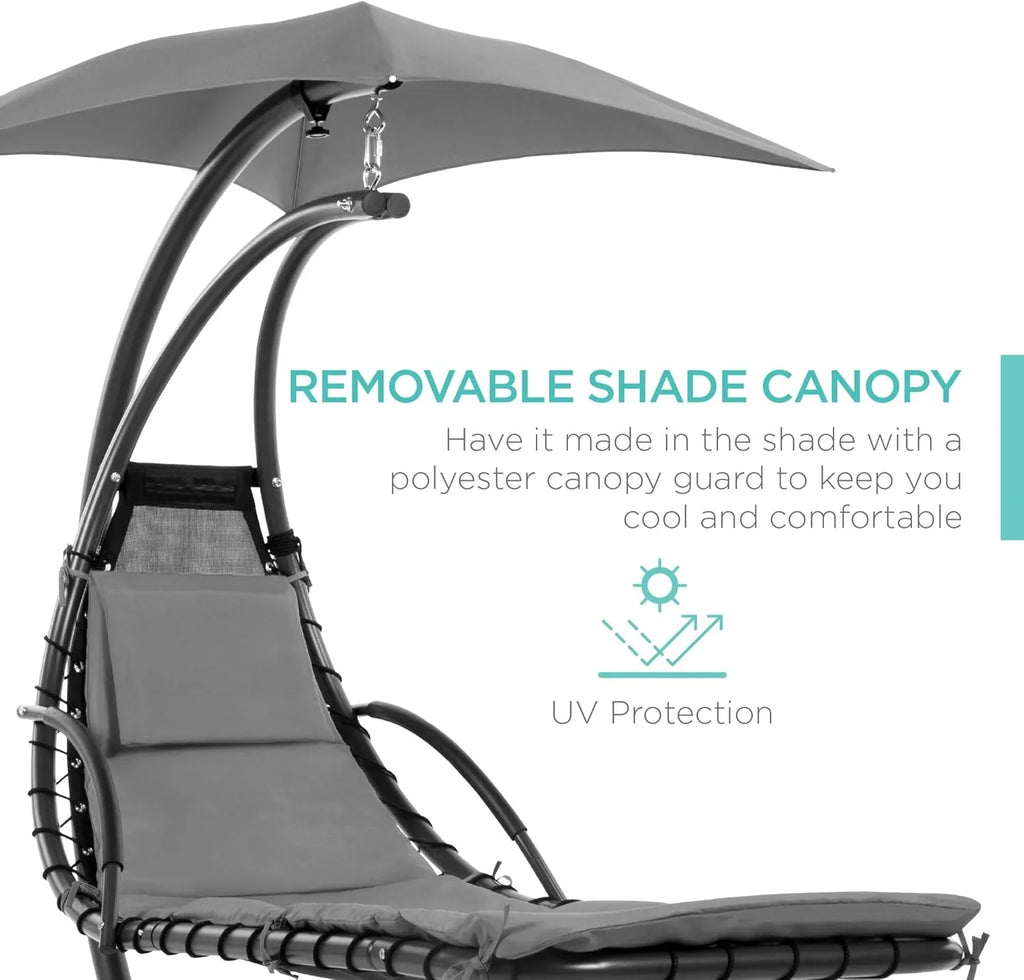 Chaise Longue Suspendue de Exterior Best Choice Products – Silla Balancín Curvada de Acero con Cojín Integrado y Toldo Desmontable – Gris Carbón