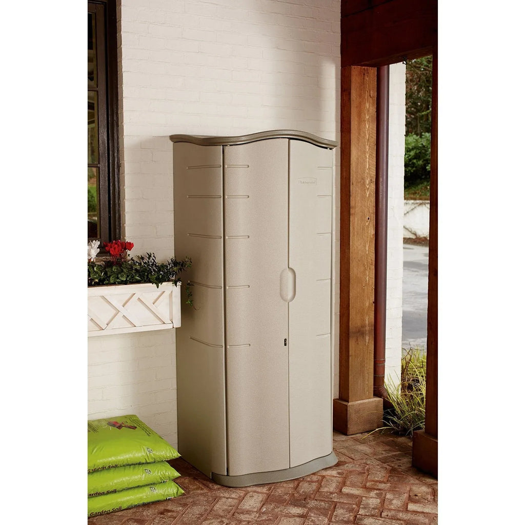 2025 Armario de almacenamiento exterior vertical en resina Rubbermaid, resistente a la intemperie