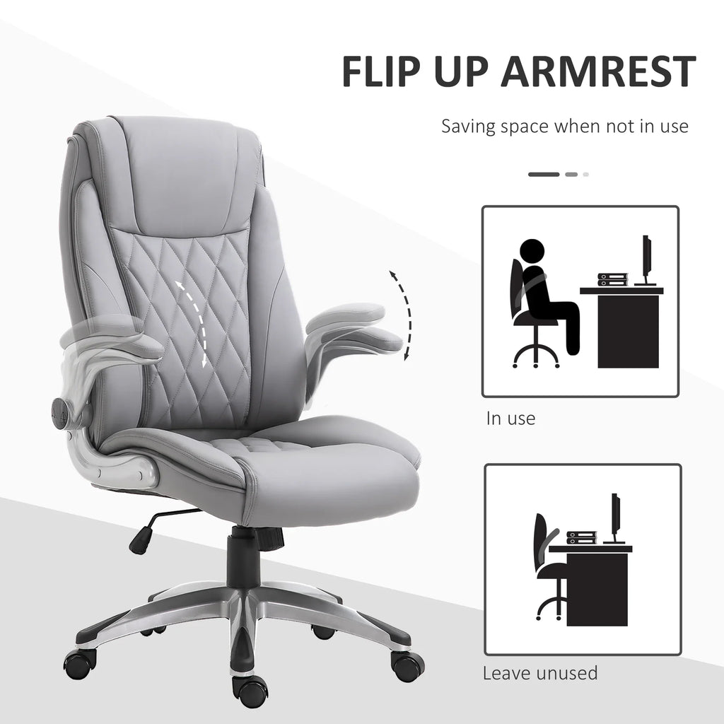 2025 Silla de Oficina de Cuero PU con Reposabrazos Abatibles, Altura Ajustable y Ruedas Giratorias, Gris