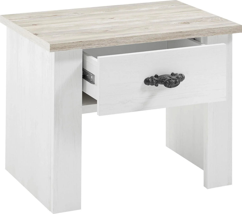 Mesita de noche Florenz blanca con aspecto de madera, 1 cajón, 58 cm de ancho