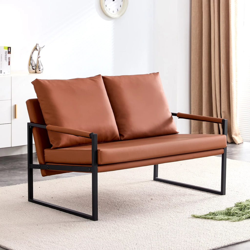 2025 Wasait canapé deux places moderne avec 2 coussins – cuir PU, mousse haute densité, cadre métallique noir. Couleur marron SF-D008