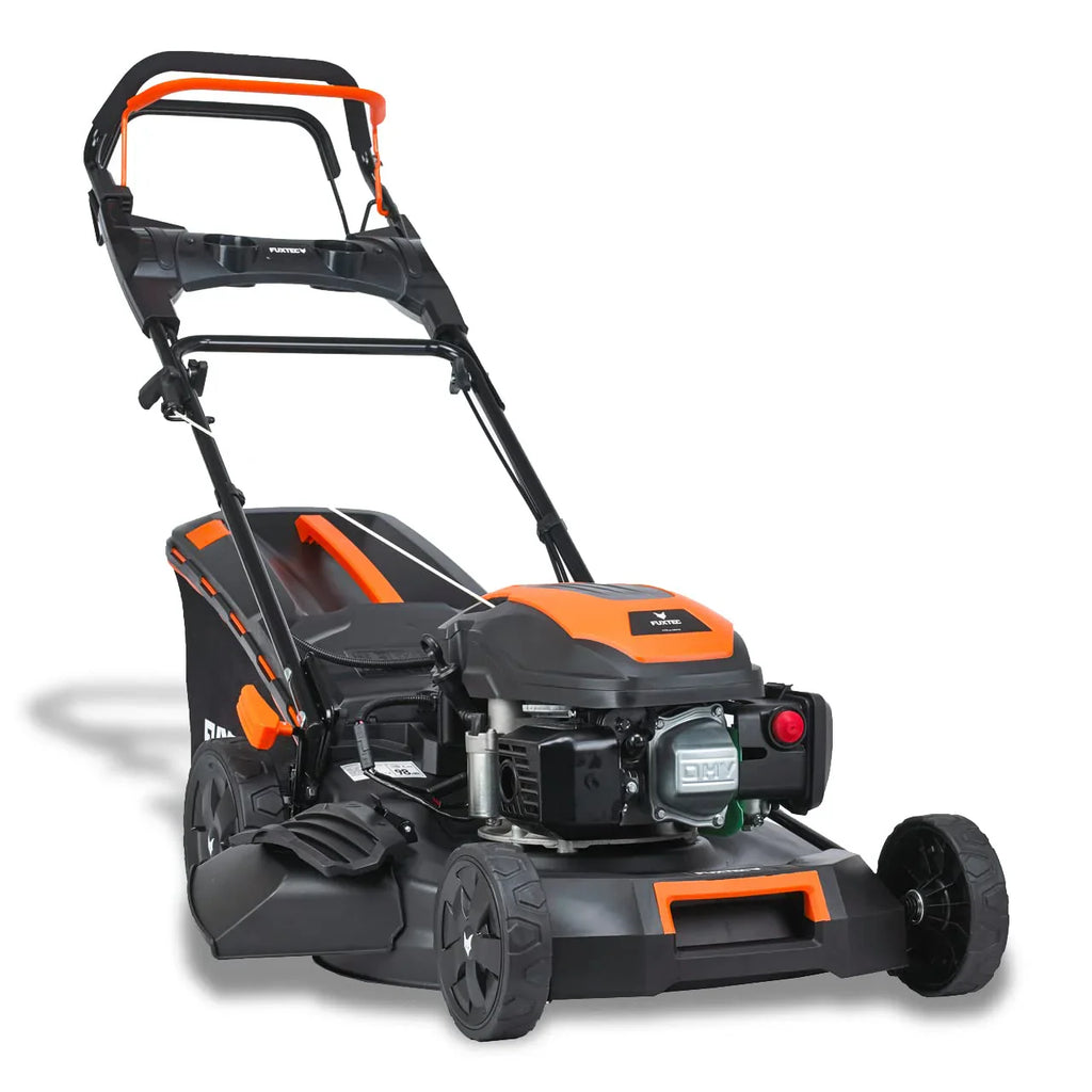 2025 Cortacésped de gasolina 4 en 1 FUXTEC FX-RM5196eS con motor ZIPGO, cortacésped de jardín con función de descarga lateral, ancho de corte 51 cm, motor de 4 tiempos con tracción trasera, ruedas grandes con rodamientos, bolsa de césped 60 L
