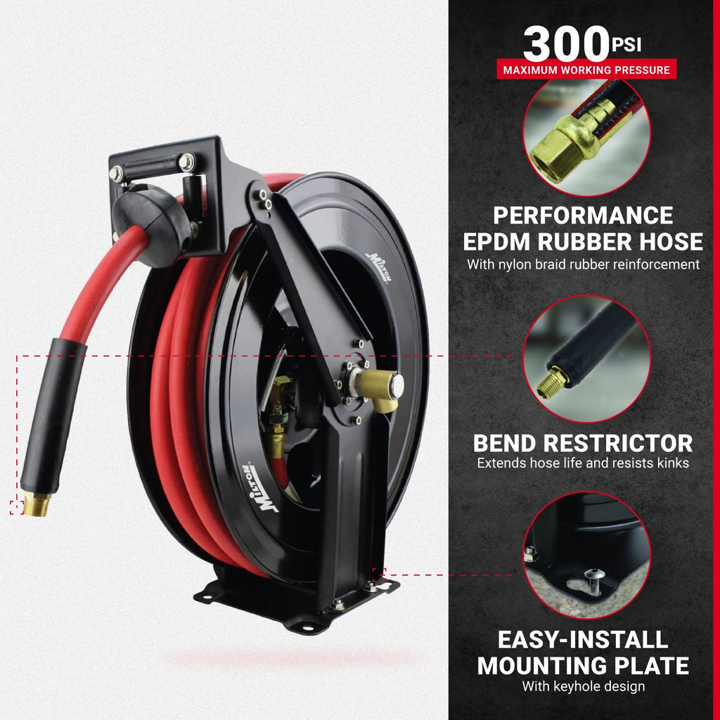 2025 Enrollador Automático de Doble Brazo de Acero con Manguera de Goma de 1/2" x 15 m – Máx. 300 PSI