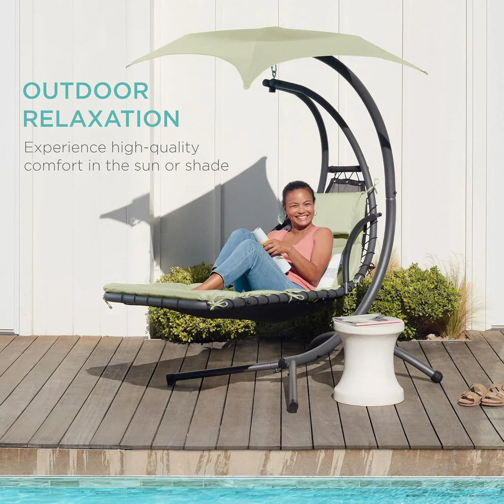 Chaise Longue Suspendue de Exterior Best Choice Products – Silla Balancín Curvada de Acero con Cojín Integrado y Toldo Desmontable – Gris Carbón